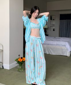 Blue Striped Floral Loose Wide-Leg Tencel Ramie Pants Set - Summer Casual Outfit for Y2K and Korean Style Fashion