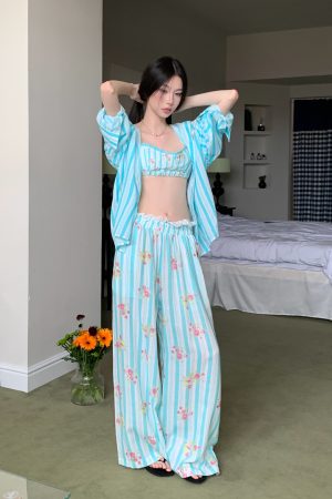Blue Striped Floral Loose Wide-Leg Tencel Ramie Pants Set - Summer Casual Outfit for Y2K and Korean Style Fashion