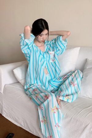 Blue Striped Floral Loose Wide-Leg Tencel Ramie Pants Set - Summer Casual Outfit for Y2K and Korean Style Fashion