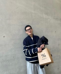 Blue Striped Half-High Neck Zipper Sweater for Men - Casual Loose Fit Autumn Winter Fashion Top