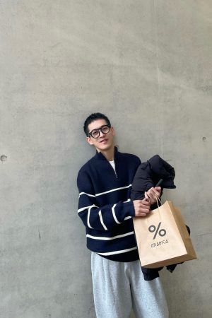 Blue Striped Half-High Neck Zipper Sweater for Men - Casual Loose Fit Autumn Winter Fashion Top