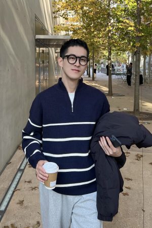 Blue Striped Half-High Neck Zipper Sweater for Men - Casual Loose Fit Autumn Winter Fashion Top
