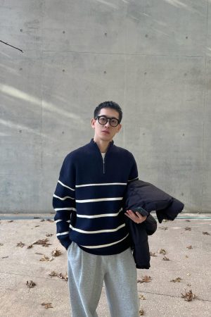 Blue Striped Half-High Neck Zipper Sweater for Men - Casual Loose Fit Autumn Winter Fashion Top