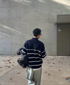 Blue Striped Half-High Neck Zipper Sweater for Men - Casual Loose Fit Autumn Winter Fashion Top