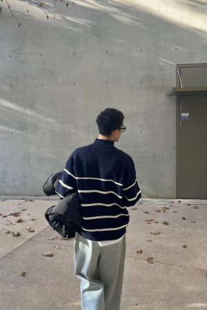 Blue Striped Half-High Neck Zipper Sweater for Men - Casual Loose Fit Autumn Winter Fashion Top