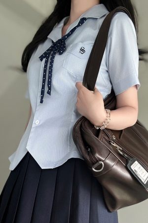 Blue Striped Pudding Bear JK Uniform Open-Front Waist-Cinching Embroidered Shirt - Summer College Style Fashion