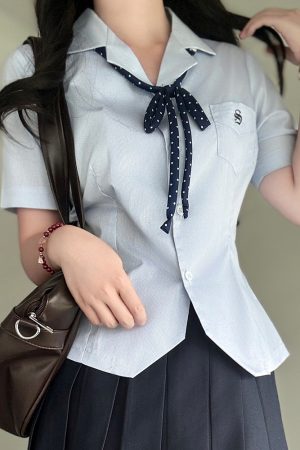 Blue Striped Pudding Bear JK Uniform Open-Front Waist-Cinching Embroidered Shirt - Summer College Style Fashion