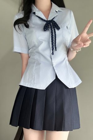 Blue Striped Pudding Bear JK Uniform Open-Front Waist-Cinching Embroidered Shirt - Summer College Style Fashion