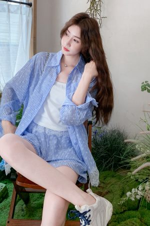Blue Striped Shirt and Shorts Set for Women, 2025 Summer Casual Two-Piece Outfit, Petite Fit, Chic High-End Style