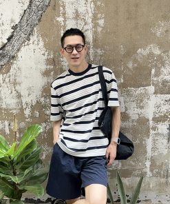 Blue Striped Short Sleeve T-Shirt for Men - Summer Casual Loose Fit Top in American Style, Versatile Wardrobe Essential