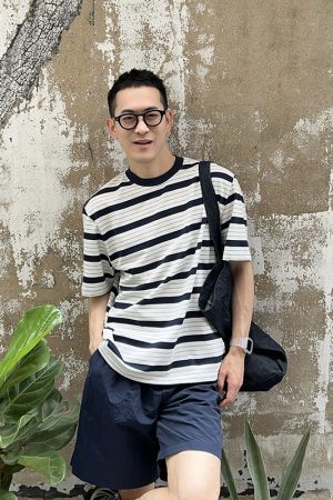 Blue Striped Short Sleeve T-Shirt for Men - Summer Casual Loose Fit Top in American Style, Versatile Wardrobe Essential