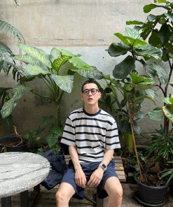 Blue Striped Short Sleeve T-Shirt for Men - Summer Casual Loose Fit Top in American Style, Versatile Wardrobe Essential