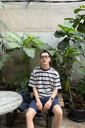 Blue Striped Short Sleeve T-Shirt for Men - Summer Casual Loose Fit Top in American Style, Versatile Wardrobe Essential