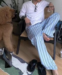 Blue Striped Wide-Leg Pants for Men, Casual Summer Loose Fit BF Style, Versatile Drape Walking Trousers