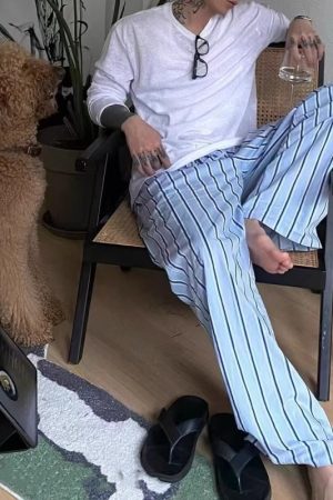 Blue Striped Wide-Leg Pants for Men, Casual Summer Loose Fit BF Style, Versatile Drape Walking Trousers