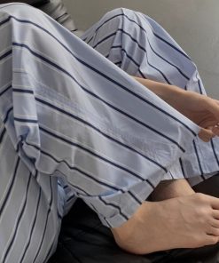 Blue Striped Wide-Leg Pants for Men, Casual Summer Loose Fit BF Style, Versatile Drape Walking Trousers