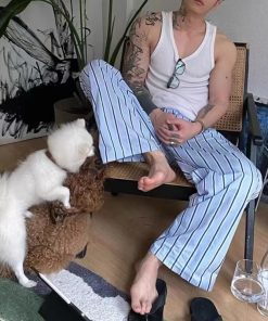 Blue Striped Wide-Leg Pants for Men, Casual Summer Loose Fit BF Style, Versatile Drape Walking Trousers