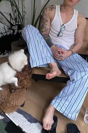 Blue Striped Wide-Leg Pants for Men, Casual Summer Loose Fit BF Style, Versatile Drape Walking Trousers