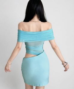 Blue Summer One-Shoulder Mesh Sheer Bodycon Dress - Sexy Waist-Cinching Mini with Exposed Waist - Y2K Fashion Trend