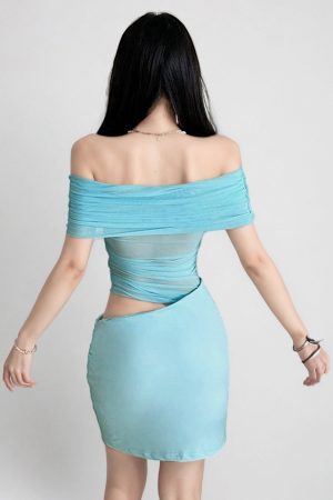 Blue Summer One-Shoulder Mesh Sheer Bodycon Dress - Sexy Waist-Cinching Mini with Exposed Waist - Y2K Fashion Trend
