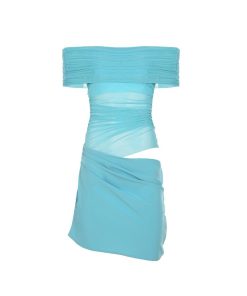 Blue Summer One-Shoulder Mesh Sheer Bodycon Dress - Sexy Waist-Cinching Mini with Exposed Waist - Y2K Fashion Trend