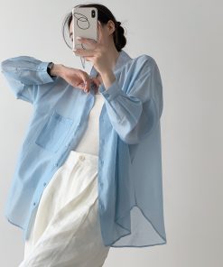 Blue Tencel Loose Sheer Cardigan Shirt for Women - Summer High-End Long Sleeve Soft Sunscreen Top