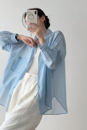 Blue Tencel Loose Sheer Cardigan Shirt for Women - Summer High-End Long Sleeve Soft Sunscreen Top