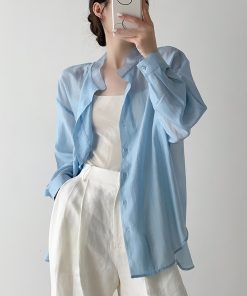 Blue Tencel Loose Sheer Cardigan Shirt for Women - Summer High-End Long Sleeve Soft Sunscreen Top