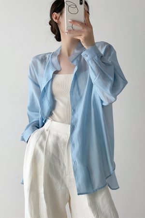 Blue Tencel Loose Sheer Cardigan Shirt for Women - Summer High-End Long Sleeve Soft Sunscreen Top