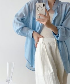 Blue Tencel Loose Sheer Cardigan Shirt for Women - Summer High-End Long Sleeve Soft Sunscreen Top