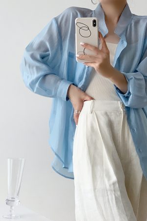 Blue Tencel Loose Sheer Cardigan Shirt for Women - Summer High-End Long Sleeve Soft Sunscreen Top