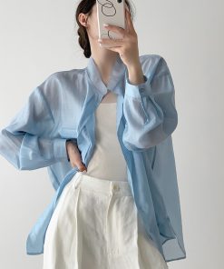 Blue Tencel Loose Sheer Cardigan Shirt for Women - Summer High-End Long Sleeve Soft Sunscreen Top