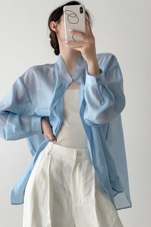 Blue Tencel Loose Sheer Cardigan Shirt for Women - Summer High-End Long Sleeve Soft Sunscreen Top