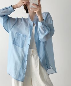 Blue Tencel Loose Sheer Cardigan Shirt for Women - Summer High-End Long Sleeve Soft Sunscreen Top