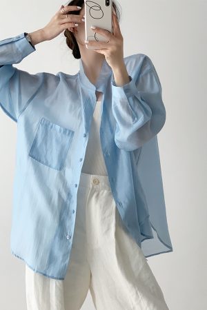 Blue Tencel Loose Sheer Cardigan Shirt for Women - Summer High-End Long Sleeve Soft Sunscreen Top