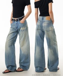 Blue Wide-Leg Ripped Jeans for Women, Casual Commuter Pants with Draped Effect, Trendy Everyday Wear