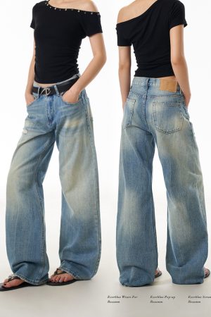 Blue Wide-Leg Ripped Jeans for Women, Casual Commuter Pants with Draped Effect, Trendy Everyday Wear