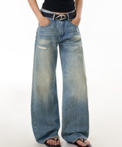 Blue Wide-Leg Ripped Jeans for Women, Casual Commuter Pants with Draped Effect, Trendy Everyday Wear