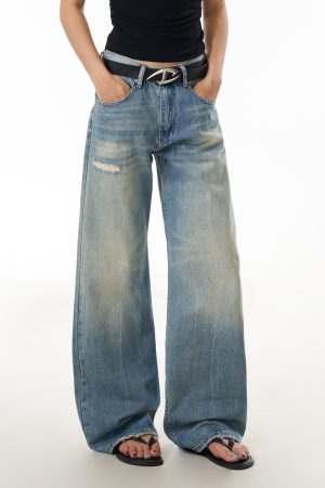 Blue Wide-Leg Ripped Jeans for Women, Casual Commuter Pants with Draped Effect, Trendy Everyday Wear