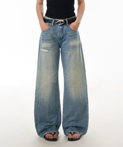 Blue Wide-Leg Ripped Jeans for Women, Casual Commuter Pants with Draped Effect, Trendy Everyday Wear