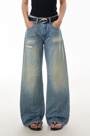 Blue Wide-Leg Ripped Jeans for Women, Casual Commuter Pants with Draped Effect, Trendy Everyday Wear