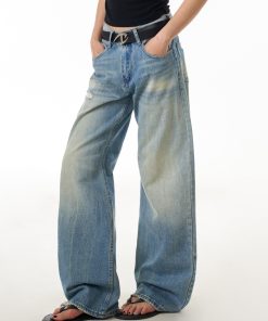 Blue Wide-Leg Ripped Jeans for Women, Casual Commuter Pants with Draped Effect, Trendy Everyday Wear