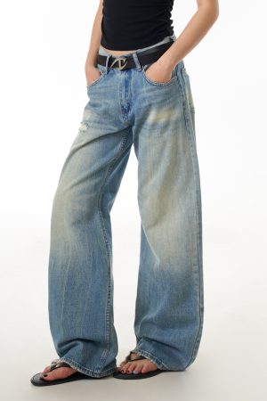Blue Wide-Leg Ripped Jeans for Women, Casual Commuter Pants with Draped Effect, Trendy Everyday Wear