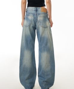 Blue Wide-Leg Ripped Jeans for Women, Casual Commuter Pants with Draped Effect, Trendy Everyday Wear