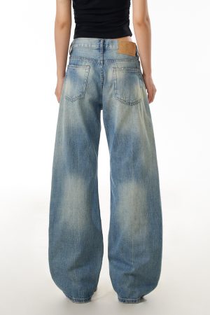 Blue Wide-Leg Ripped Jeans for Women, Casual Commuter Pants with Draped Effect, Trendy Everyday Wear