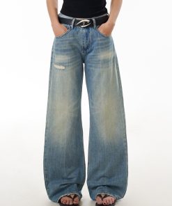 Blue Wide-Leg Ripped Jeans for Women, Casual Commuter Pants with Draped Effect, Trendy Everyday Wear