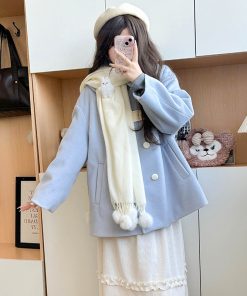 Blue Woolen Winter Loose Coat with Doll Collar, Double-Breasted Design, Cute Pudding Bear JK Uniform Style