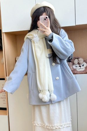 Blue Woolen Winter Loose Coat with Doll Collar, Double-Breasted Design, Cute Pudding Bear JK Uniform Style