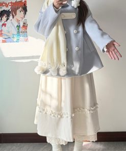 Blue Woolen Winter Loose Coat with Doll Collar, Double-Breasted Design, Cute Pudding Bear JK Uniform Style