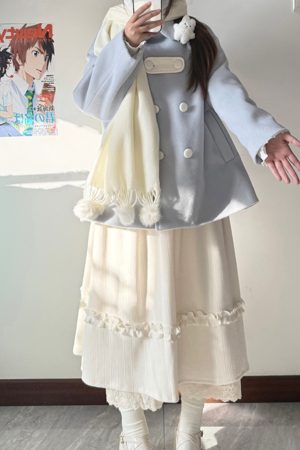Blue Woolen Winter Loose Coat with Doll Collar, Double-Breasted Design, Cute Pudding Bear JK Uniform Style
